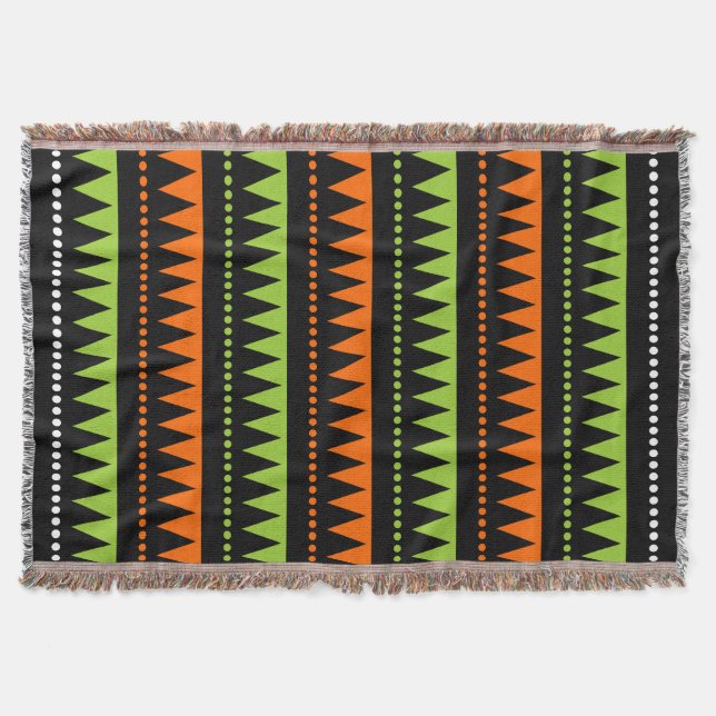 Aztec Mountains - Black, Orange, Green and White Throw Blanket (Front)