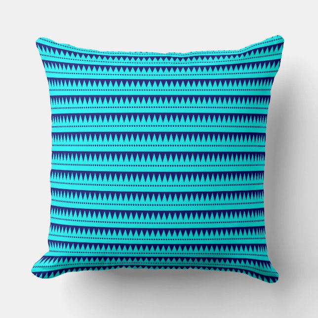 Aztec Mountains - Cyan with Deep Navy Throw Pillow (Front)