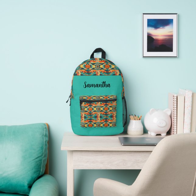 Aztec Native American Design on Turquoise Printed Backpack (Insitu)