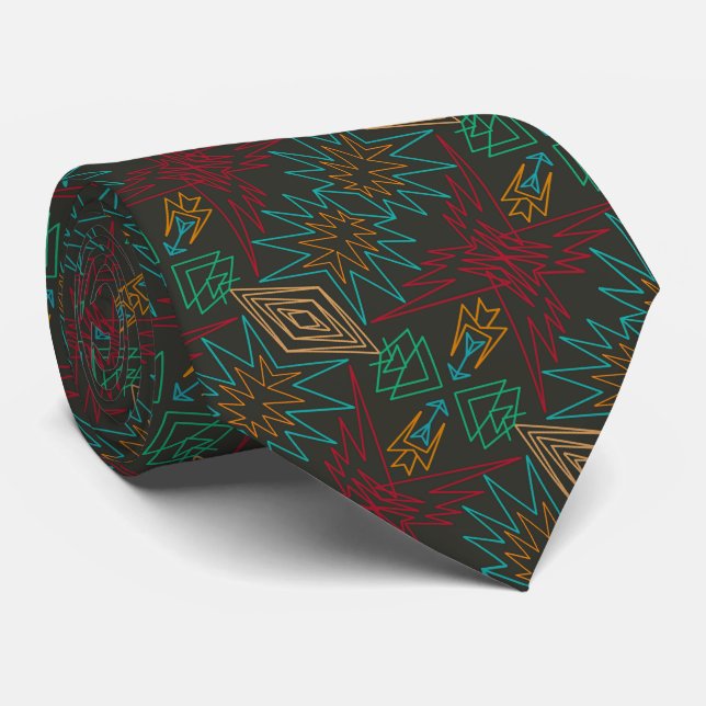 Aztec Native American Geometric Lined Pattern Art Tie (Rolled)
