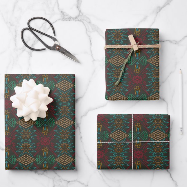 Aztec Native American Geometric Lined Pattern Art Wrapping Paper Sheet (Front)