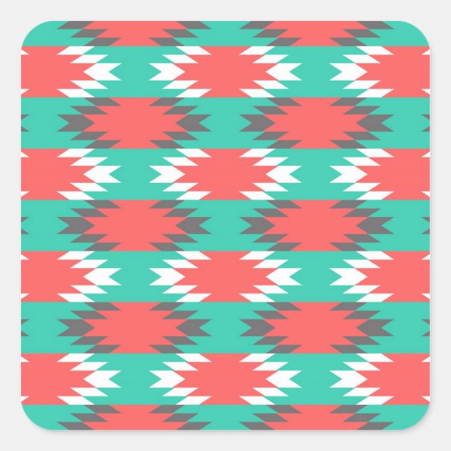 Aztec Native American Turquoise and Pink Pattern Square Sticker (Front)