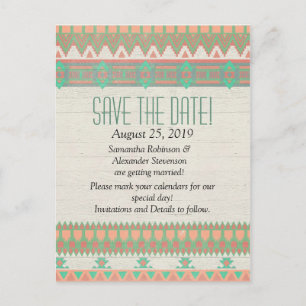 Aztec Native Pastel Peach/Aqua Save the Date Announcement Postcard