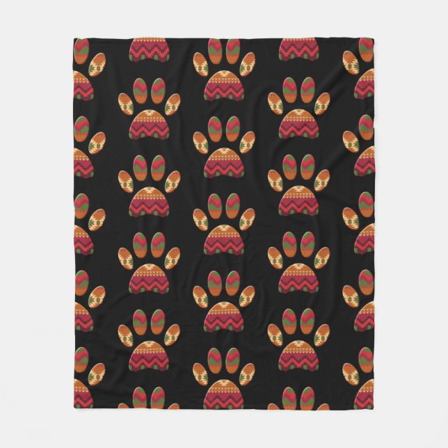 Aztec Pattern Dog Paw Fleece Blanket (Front)