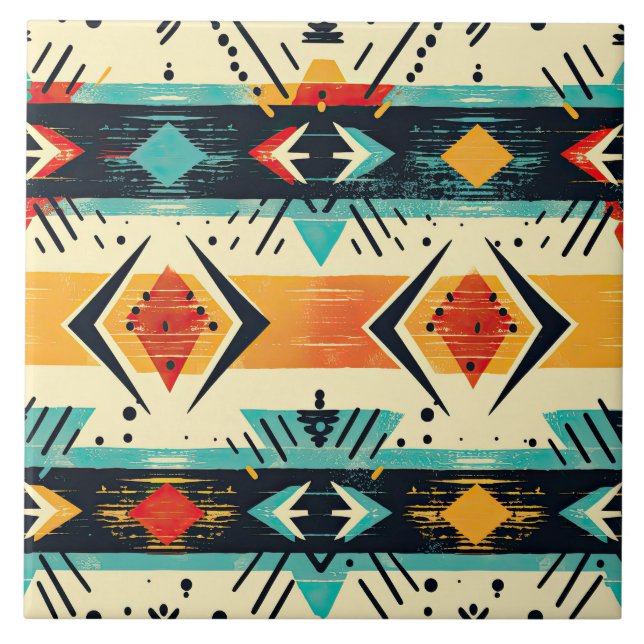 Aztec pattern retro geometric abstract teal orange tile (Front)
