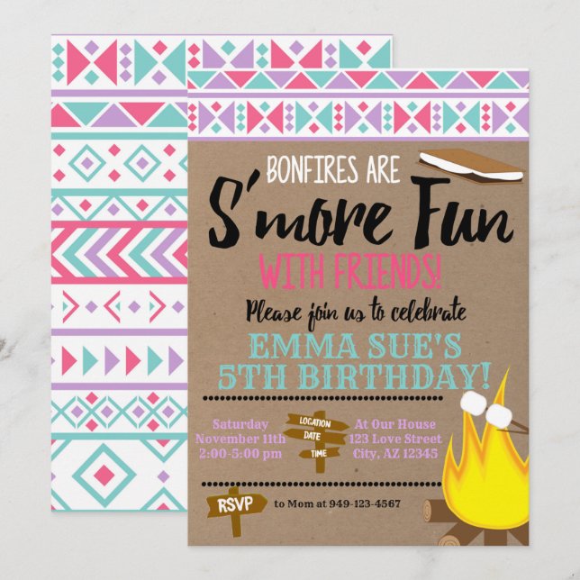 Aztec Pink Teal S'more fun with friends Birthday Invitation (Front/Back)