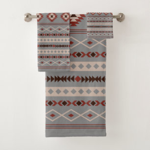 Aztec Rust Cream Brown Grey Mixed Motifs Pattern Bath Towel Set