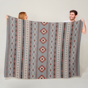 Aztec Rust Cream Brown Grey Mixed Motifs Pattern Fleece Blanket