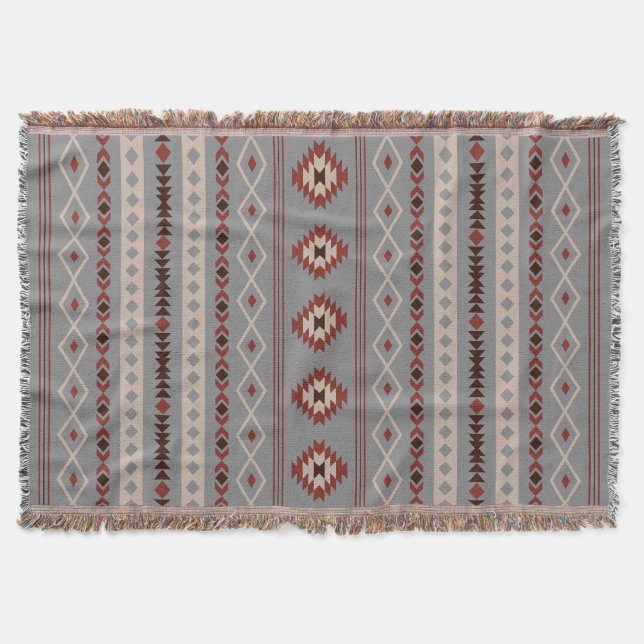 Aztec Rust Cream Brown Grey Mixed Motifs V Pattern Throw Blanket (Front)