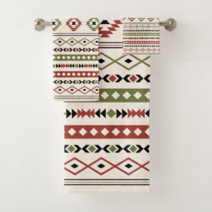 Aztec Rust Green Black Cream Mixed Motifs Pattern Bath Towel Set
