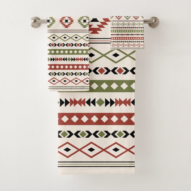 Aztec Rust Green Black Cream Mixed Motifs Pattern Bath Towel Set (Insitu)