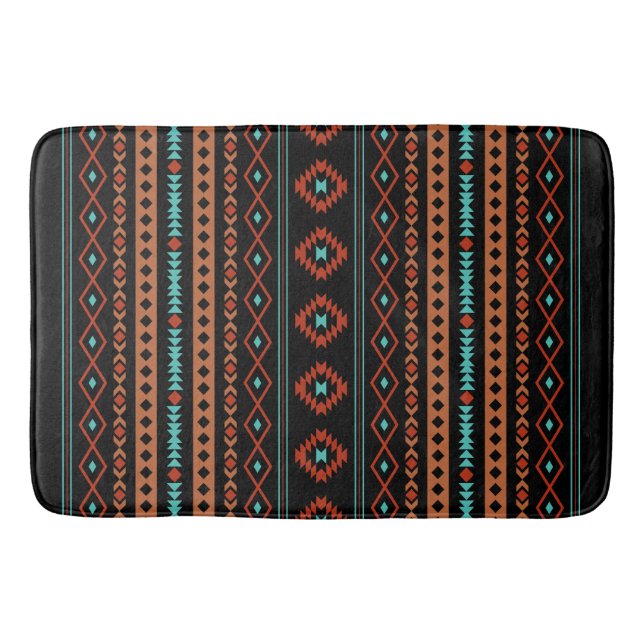 Aztec Rusts Teal Black Mixed Motifs Pattern Bath Mat (Front)