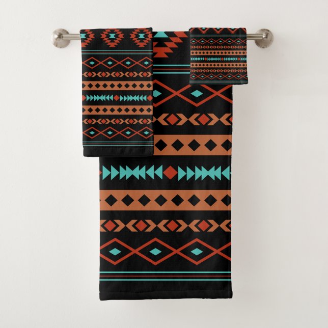 Aztec Rusts Teal Black Mixed Motifs Pattern Bath Towel Set (Insitu)