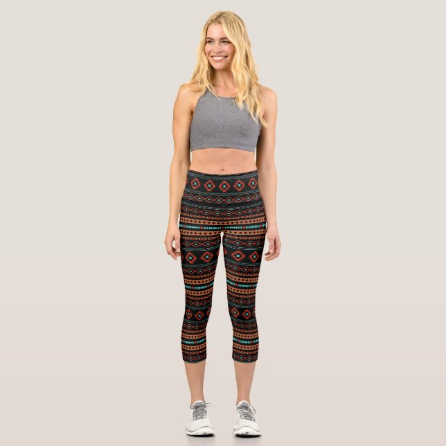 Aztec Rusts Teal Black Mixed Motifs Pattern Capri Leggings (Front)