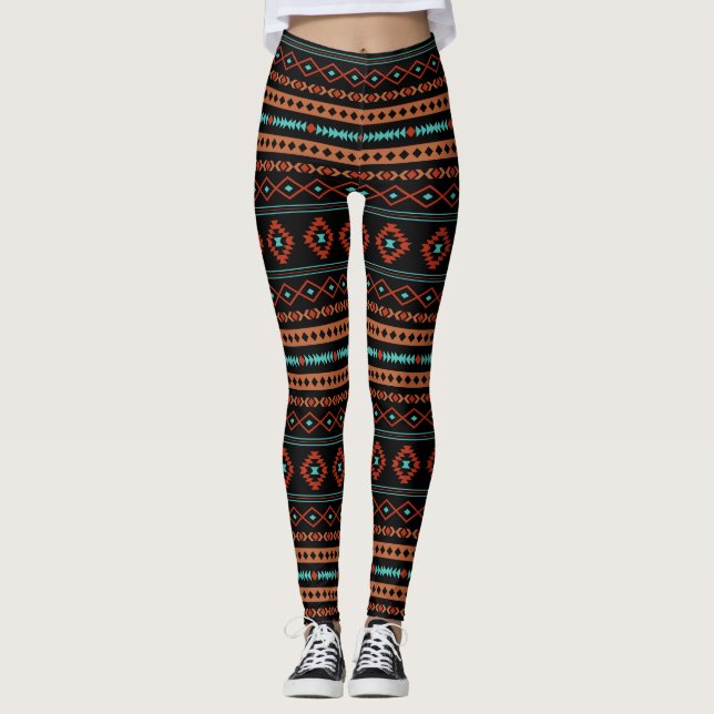 Aztec Rusts Teal Black Mixed Motifs Pattern Leggings (Front)