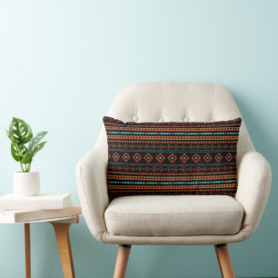 Aztec Rusts Teal Black Mixed Motifs Pattern Lumbar Pillow