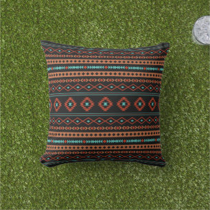Aztec Rusts Teal Black Mixed Motifs Pattern Outdoor Pillow