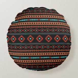 Aztec Rusts Teal Black Mixed Motifs Pattern Round Pillow
