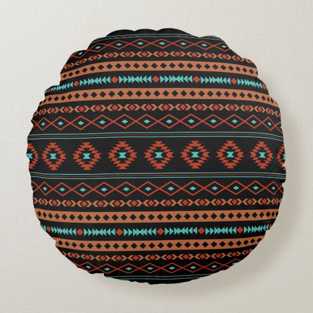 Aztec Rusts Teal Black Mixed Motifs Pattern Round Pillow (Front)