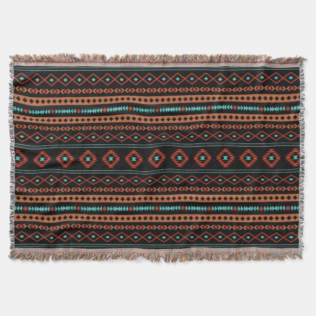 Aztec Rusts Teal Black Mixed Motifs Pattern Throw Blanket (Front)