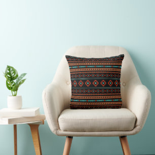 Aztec Rusts Teal Black Mixed Motifs Pattern Throw Pillow