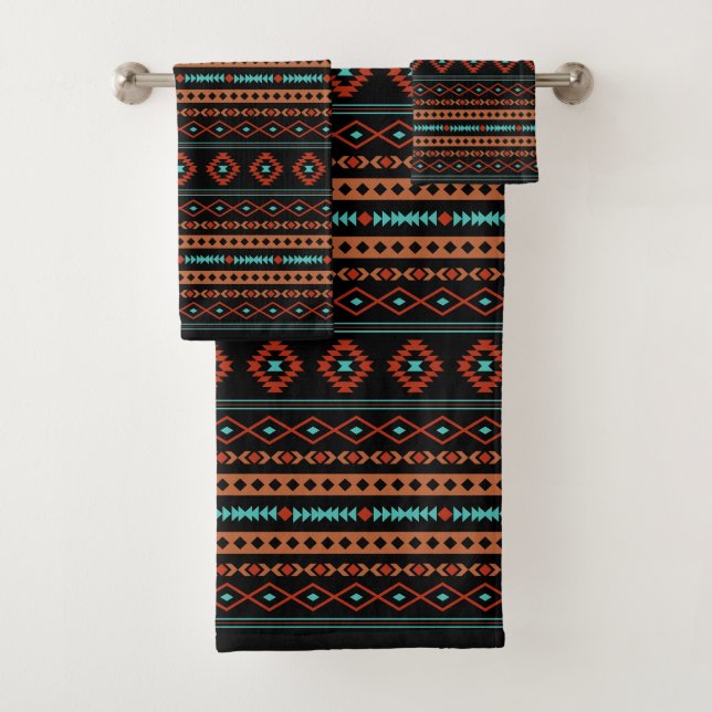 Aztec Rusts Teal Black Mixed Motifs Rpt Pattern Bath Towel Set (Insitu)