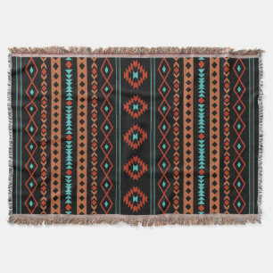 Aztec Rusts Teal Black Mixed Motifs V Pattern Throw Blanket