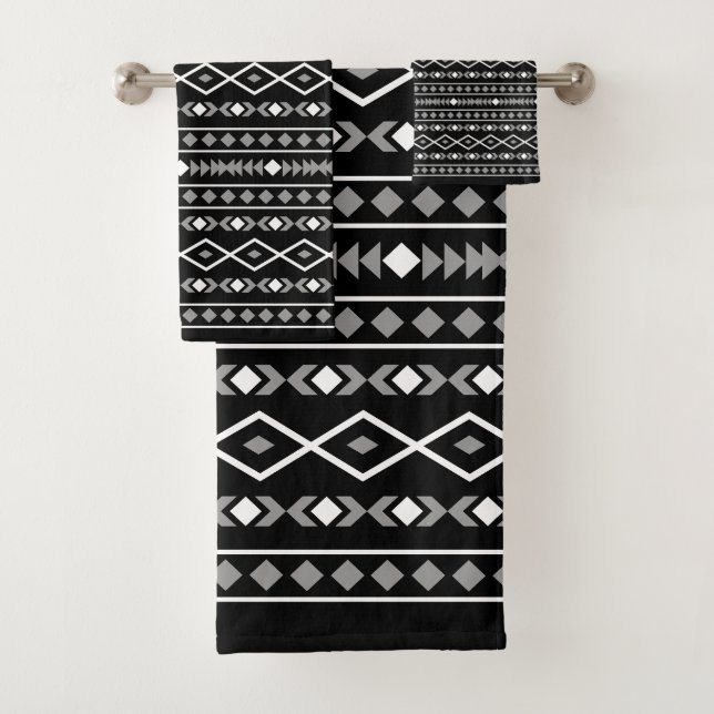 Aztec Shapes Pattern Grey White Black Bath Towel Set (Insitu)