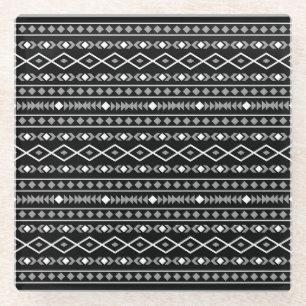 Aztec Shapes Pattern Grey White Black Glass Coaster