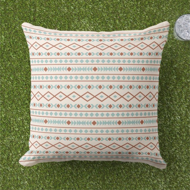 Aztec Shapes Pattern Rust Teal Cream Outdoor Pillow (Grass)