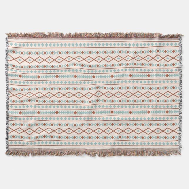 Aztec Shapes Pattern Rust Teal Cream Throw Blanket (Front)