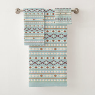 Aztec Shapes Pattern Rusts Cream Teal-Blue Bath Towel Set