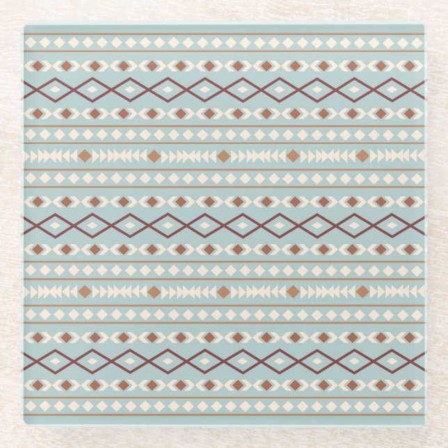 Aztec Shapes Pattern Rusts Cream Teal-Blue Glass Coaster (Front)