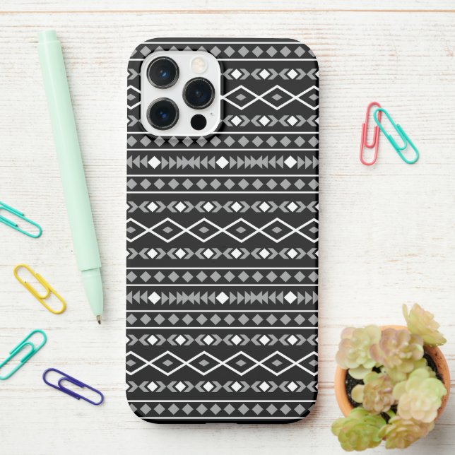 Aztec Shapes Pattern White Grey Black iPhone Case (On Desk)