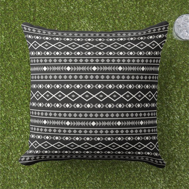 Aztec Shapes Pattern White Grey Black Outdoor Pillow (Grass)