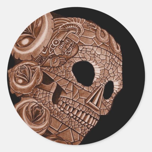 AZTEC SKULL CLASSIC ROUND STICKER (Front)