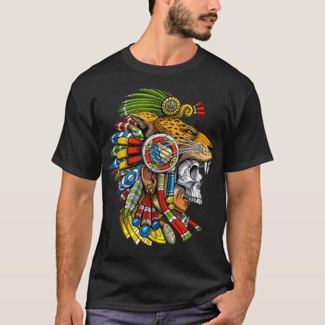 Aztec Skull Jaguar Warrior Mask Ancient Mayan Myth T-Shirt (Front)