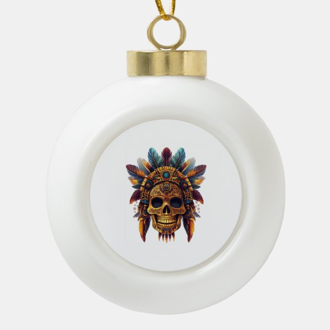 Aztec Skull Relic Ceramic Ball Christmas Ornament (Front)
