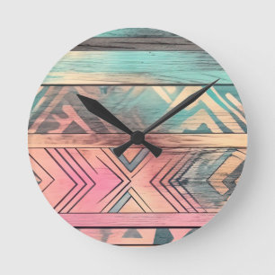 Aztec Southwestern Blue And Pink Tribal Round Clock