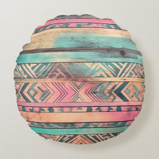 Aztec Southwestern Blue And Pink Tribal Round Pillow