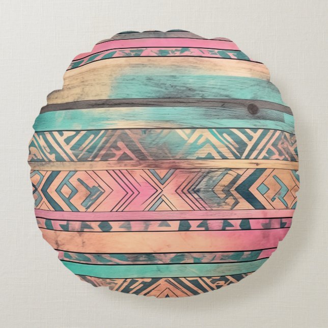 Aztec Southwestern Blue And Pink Tribal Round Pillow (Front)