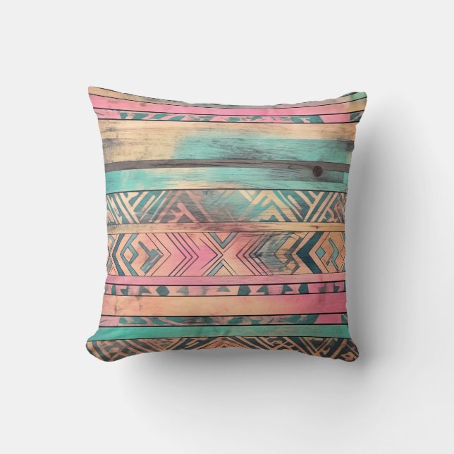 Aztec Southwestern Blue And Pink Tribal Throw Pillow (Front)
