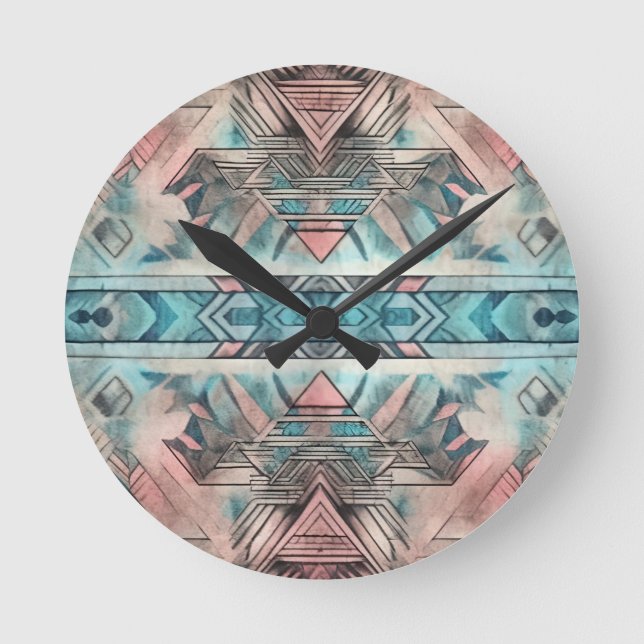Aztec Southwestern Pastel Pink And Blue Round Clock (Front)