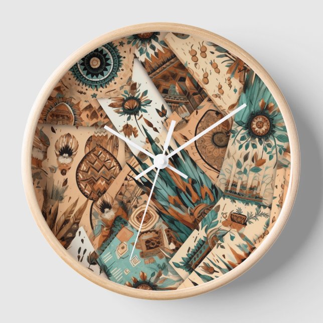 Aztec Southwestern Tribal Feathers Clock (Front)