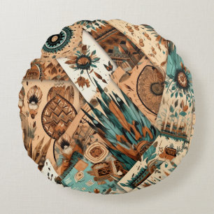 Aztec Southwestern Tribal Feathers Round Pillow