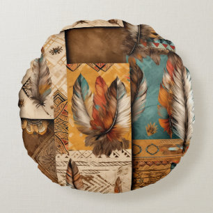 Aztec Southwestern Tribal Feathers Round Pillow