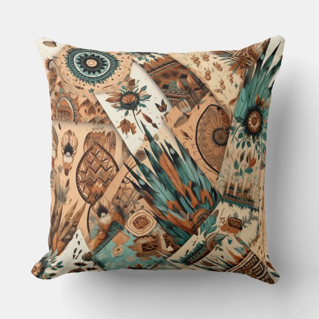 Aztec Southwestern Tribal Feathers Throw Pillow (Front)
