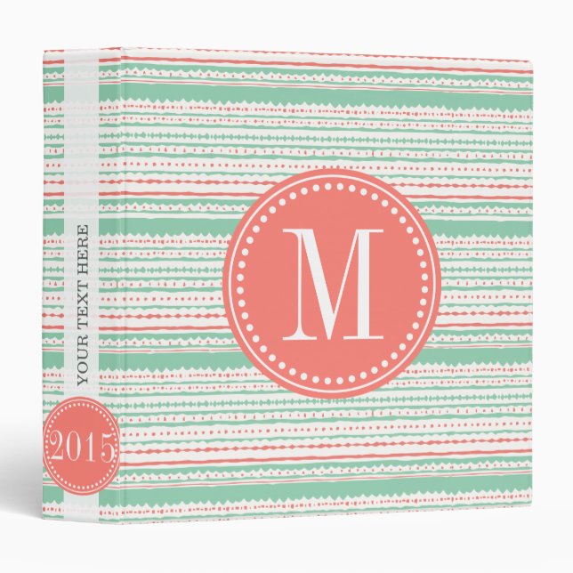 Aztec Stripes Coral & Mint Personalized Binder (Front/Spine)