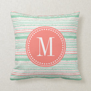 Aztec Stripes Coral & Mint Personalized Throw Pillow