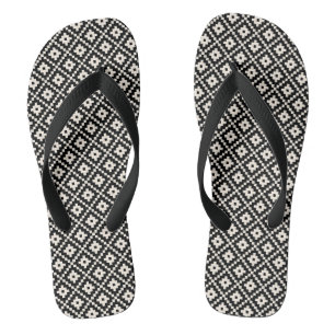 Aztec Style Block Print Black+Cream Rpt Pattern Flip Flops
